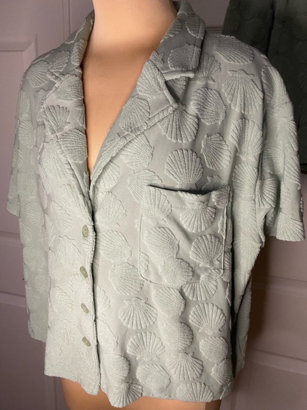 2 PC Seafoam Green Short-Sleeve Button Pajama Set with Textured Shell Pattern